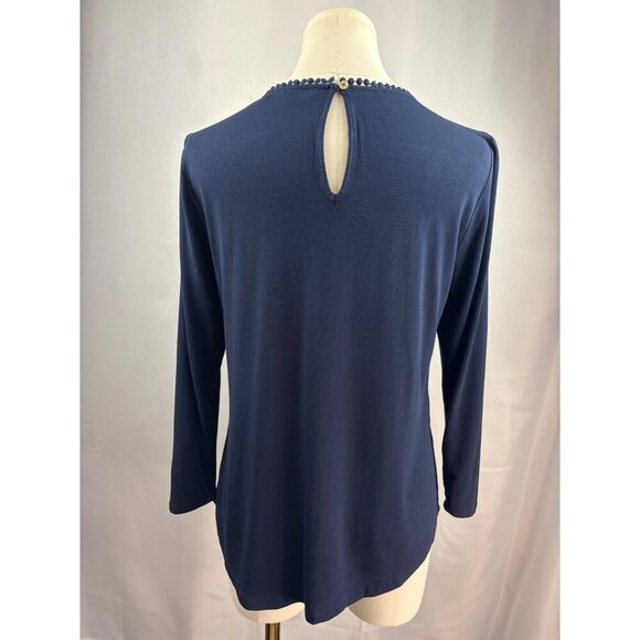 Daniel Rainn Womens Petite Small Navy Blue Lace Yoke Top Blouse - Picture 5 of 6